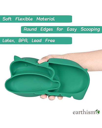 Earthism Silicone Meal Set-Cow Green-With Suction Plate-Set of 3-For Feeding Infants