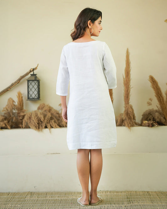 Ellementree White Maternity Dress-Solid-Premium European Linen-Boat Neck-Bump Friendly