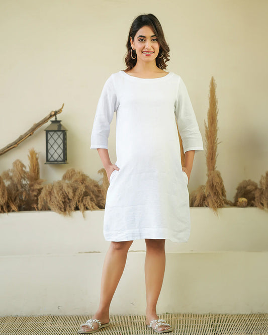 Ellementree White Maternity Dress-Solid-Premium European Linen-Boat Neck-Bump Friendly