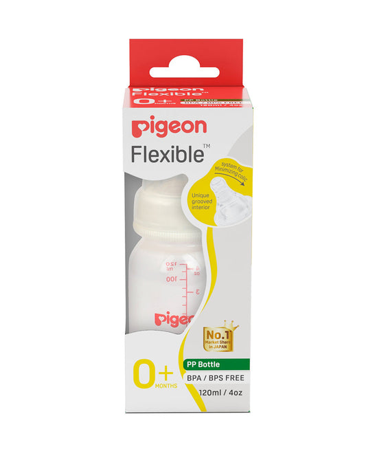 Pigeon Peristaltic Narrow Neck Feeding Bottle-Anti Colic-Adjustable Flow-120 ml-Small Size Nipple-White-0M+