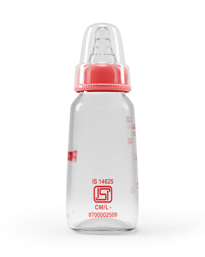 Pigeon Narrow Neck Glass Feeding Bottle-Anti Colic-120 ml-Small Size Nipple-Red-0M+