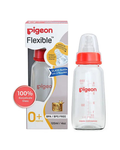 Pigeon Narrow Neck Glass Feeding Bottle-Anti Colic-120 ml-Small Size Nipple-Red-0M+