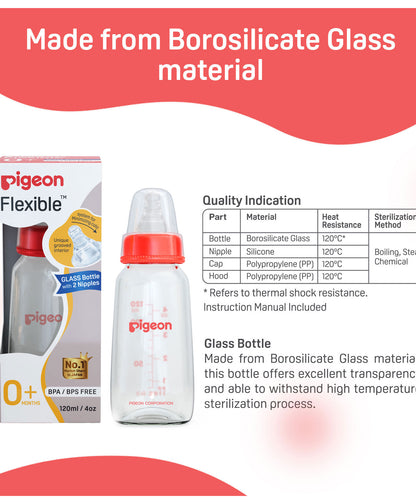 Pigeon Narrow Neck Glass Feeding Bottle-Anti Colic-120 ml-Small Size Nipple-Red-0M+