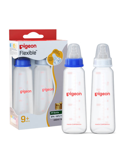 Pigeon Peristaltic Narrow Neck Feeding Bottle-Anti Colic-Adjustable Flow-240 ml-Large Size Nipple-Pack Of 2-Blue & White-9M+