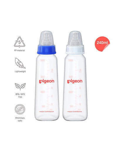 Pigeon Peristaltic Narrow Neck Feeding Bottle-Anti Colic-Adjustable Flow-240 ml-Large Size Nipple-Pack Of 2-Blue & White-9M+