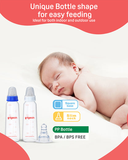 Pigeon Peristaltic Narrow Neck Feeding Bottle-Anti Colic-Adjustable Flow-240 ml-Large Size Nipple-Pack Of 2-Blue & White-9M+