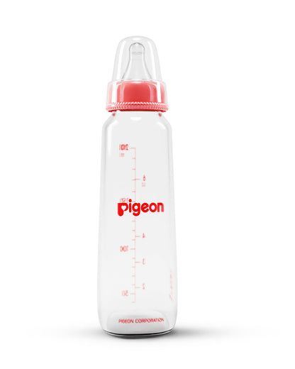 Pigeon Narrow Neck Glass Feeding Bottle-Anti Colic-240 ml-Large Size Nipple-Pink-9M+