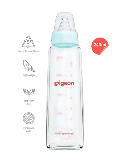 Pigeon Narrow Neck Glass Feeding Bottle-Anti Colic-240 ml-Large Size Nipple-Pale Blue-9M+