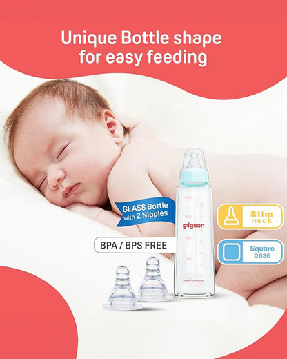 Pigeon Narrow Neck Glass Feeding Bottle-Anti Colic-240 ml-Large Size Nipple-Pale Blue-9M+