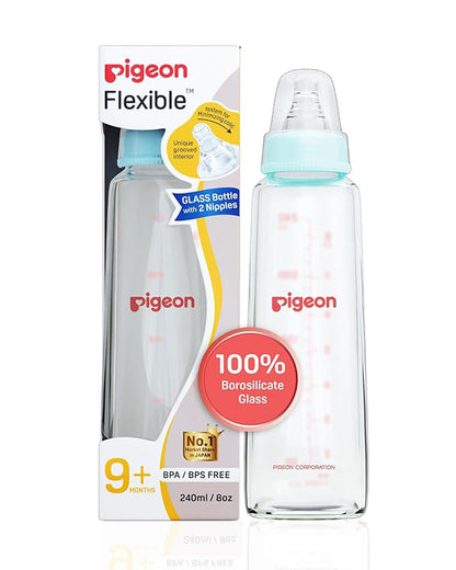 Pigeon Narrow Neck Glass Feeding Bottle-Anti Colic-240 ml-Large Size Nipple-Pale Blue-9M+