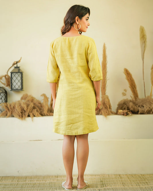 Ellementree Avocado Maternity Dress-Solid-Premium European Linen-Split Neck-Bump Friendly-Balloon Sleeves