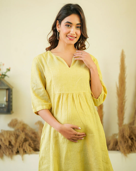 Ellementree Avocado Maternity Dress-Solid-Premium European Linen-Split Neck-Bump Friendly-Balloon Sleeves