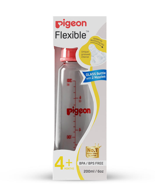 Pigeon Narrow Neck Glass Feeding Bottle-Anti Colic-200 ml-Medium Size Nipple-Red-4M+