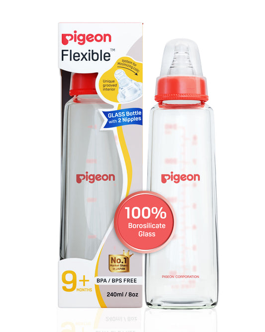 Pigeon Narrow Neck Glass Feeding Bottle-Anti Colic-200 ml-Large Size Nipple-Red-9M+