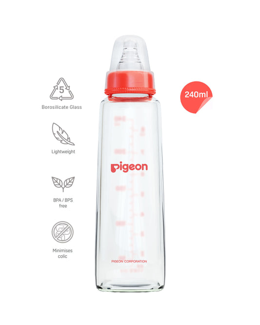 Pigeon Narrow Neck Glass Feeding Bottle-Anti Colic-200 ml-Large Size Nipple-Red-9M+