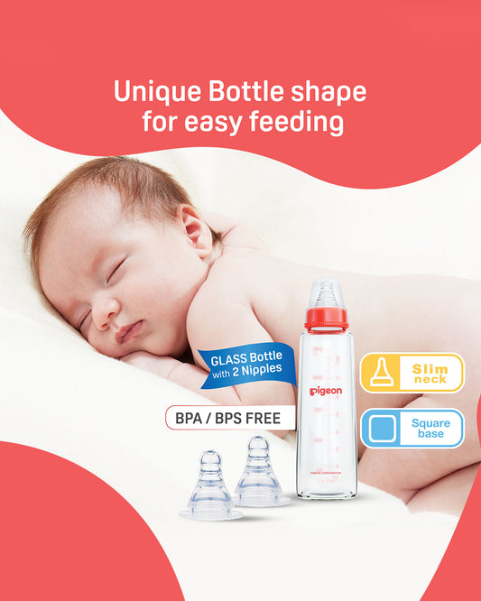 Pigeon Narrow Neck Glass Feeding Bottle-Anti Colic-200 ml-Large Size Nipple-Red-9M+