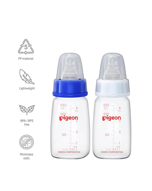 Pigeon Peristaltic Narrow Neck Feeding Bottle-Anti Colic-Adjustable Flow-120 ml-Small Size Nipple-Pack Of 2-Blue & White-0M+