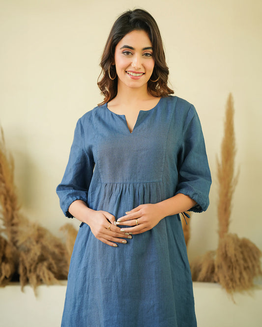 Ellementree Indigo Maternity Dress-Solid-Premium European Linen-Split Neck-Bump Friendly-Balloon Sleeves