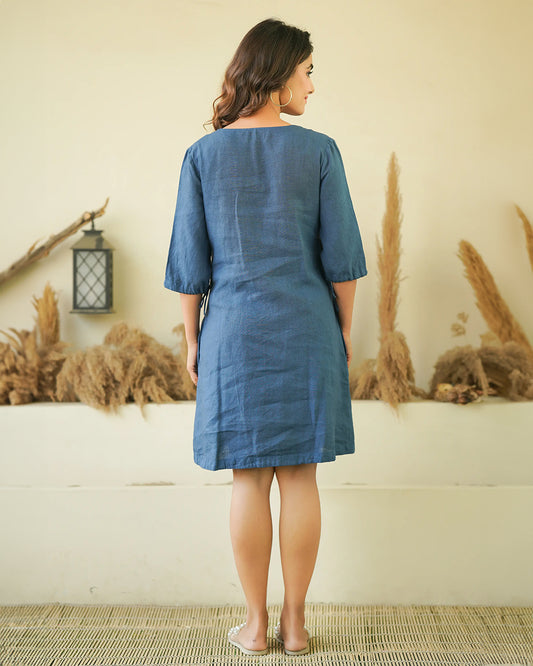 Ellementree Indigo Maternity Dress-Solid-Premium European Linen-Split Neck-Bump Friendly-Balloon Sleeves