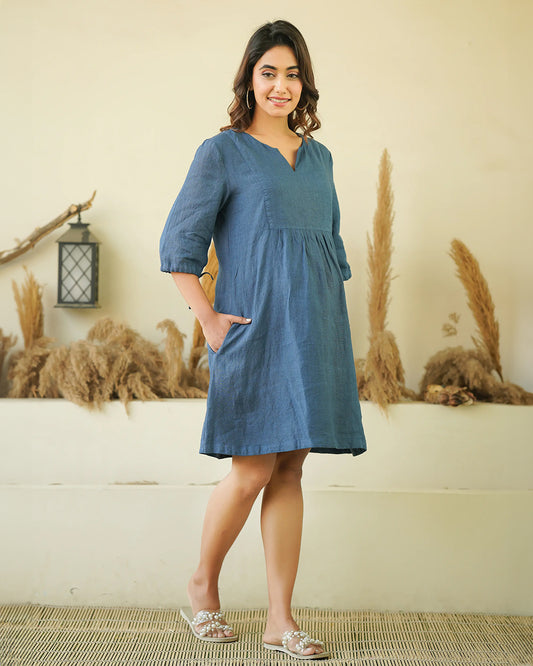 Ellementree Indigo Maternity Dress-Solid-Premium European Linen-Split Neck-Bump Friendly-Balloon Sleeves