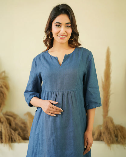 Ellementree Indigo Maternity Dress-Solid-Premium European Linen-Split Neck-Bump Friendly-Balloon Sleeves