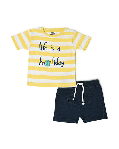 Mi Arcus Yellow & Blue T-shirt & Shorts Set-Striped-Cotton-For Infants