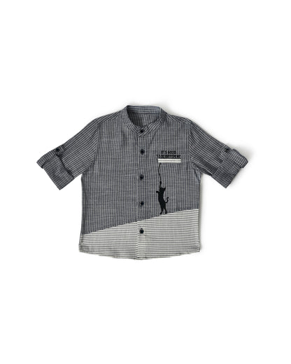 Mi Arcus Black & Grey Shirt-Striped-Cotton-For Infants