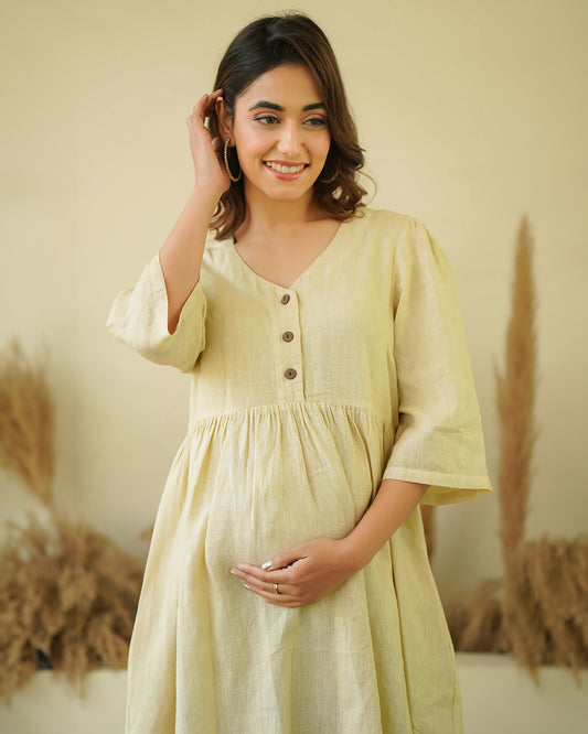 Ellementree Pistachio Maternity Nursing Dress-Solid Color-Linen-V Neck-Long Sleeves-Bump Friendly