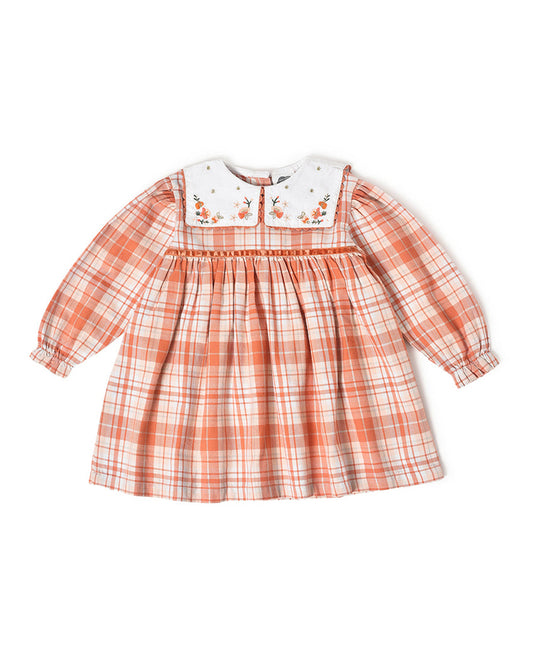 Mi Arcus Peach Dress-Checkered-Cotton-For Infants