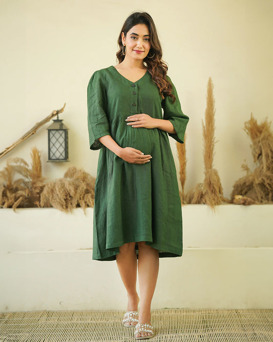 Ellementree Bottle Green Maternity Nursing Dress-Solid-Premium European Linen-V Neck-Long Sleeves-Bump Friendly