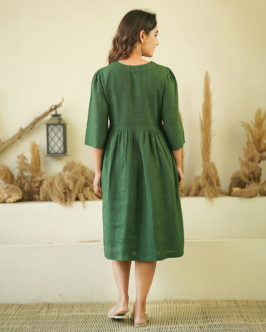 Ellementree Bottle Green Maternity Nursing Dress-Solid-Premium European Linen-V Neck-Long Sleeves-Bump Friendly