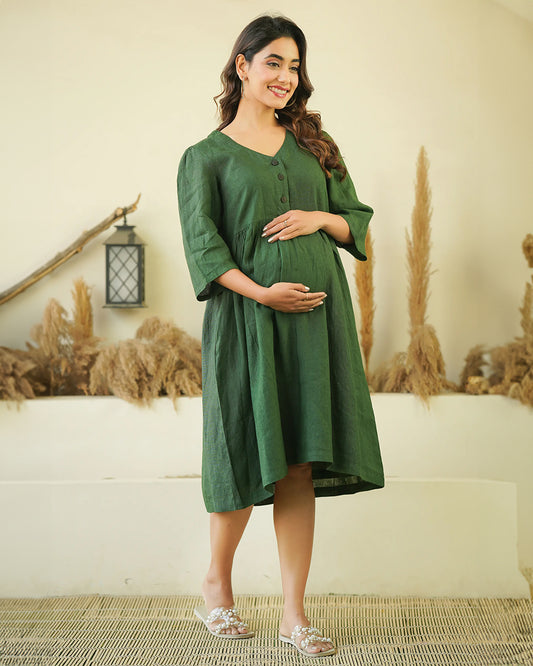 Ellementree Bottle Green Maternity Nursing Dress-Solid-Premium European Linen-V Neck-Long Sleeves-Bump Friendly