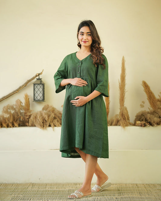 Ellementree Bottle Green Maternity Nursing Dress-Solid-Premium European Linen-V Neck-Long Sleeves-Bump Friendly