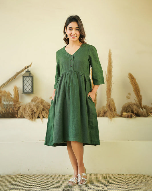 Ellementree Bottle Green Maternity Nursing Dress-Solid-Premium European Linen-V Neck-Long Sleeves-Bump Friendly