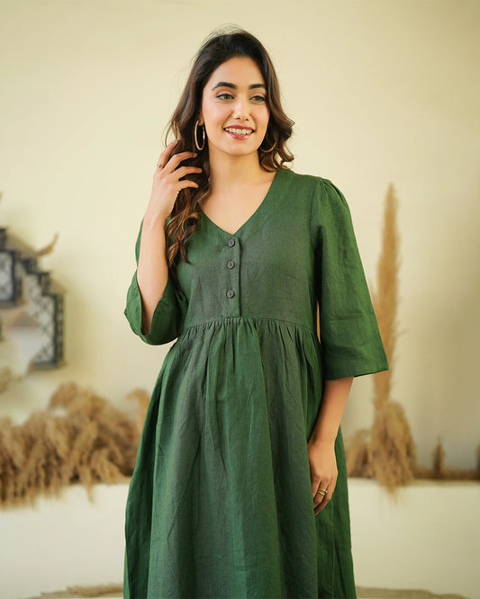 Ellementree Bottle Green Maternity Nursing Dress-Solid-Premium European Linen-V Neck-Long Sleeves-Bump Friendly