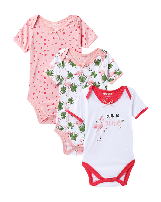 Mi Arcus Multicoloured Flamingo Onesie-Printed-Cotton-Pack of 3-For Infants