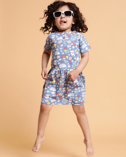 Mi Arcus Blue Dress-Floral Printed-Cotton-For Infants