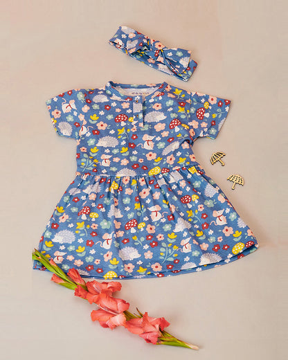 Mi Arcus Blue Frock Dress-Floral Printed-Cotton-For Infants