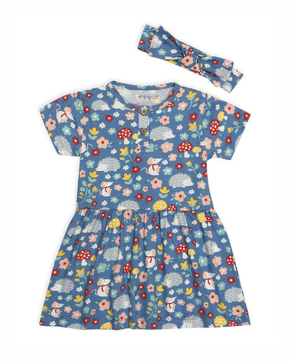 Mi Arcus Blue Dress-Floral Printed-Cotton-For Infants