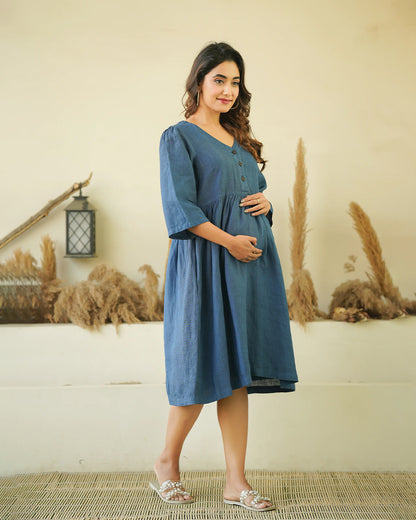 nursing friendly linen dress White Linen Nursing Dress - Embroidered Breastfeeding Midi Outfit