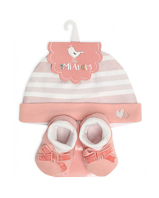 Mi Arcus Beige Cap & booties-Pink-Cotton-For Infants