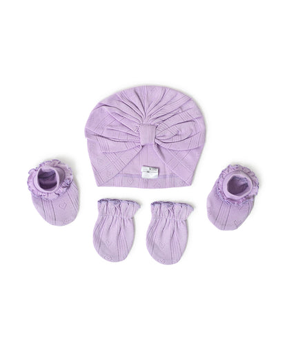 Mi Arcus Lavender Cap, Booties & Mittens Set-Solid-Cotton-For Infants