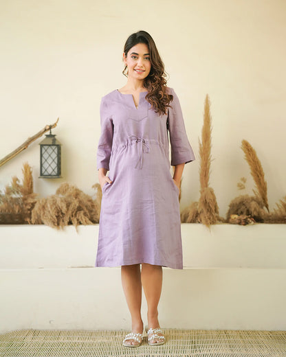 Ellementree Lilac Maternity Kaftan Dress-Solid-Premium European Linen-Split Neck-Bump Friendly