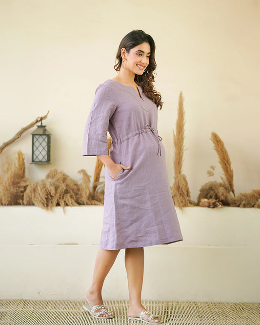 Ellementree Lilac Maternity Kaftan Dress-Solid-Premium European Linen-Split Neck-Bump Friendly