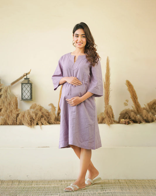 Ellementree Lilac Maternity Kaftan Dress-Solid-Premium European Linen-Split Neck-Bump Friendly