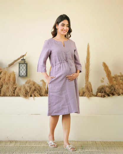 Ellementree Lilac Maternity Kaftan Dress-Solid-Premium European Linen-Split Neck-Bump Friendly