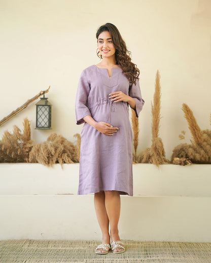 Ellementree Lilac Maternity Kaftan Dress-Solid-Premium European Linen-Split Neck-Bump Friendly