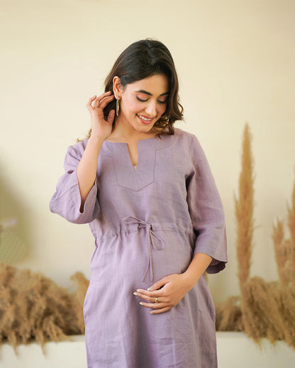 Ellementree Lilac Maternity Kaftan Dress-Solid-Premium European Linen-Split Neck-Bump Friendly