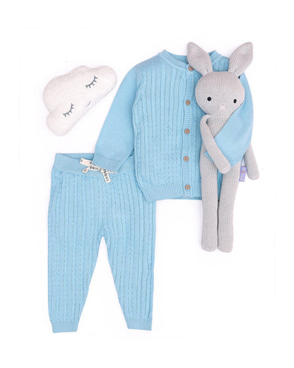 Mi Arcus Blue Cardigan & Pajama Set-Solid-Cotton-For Infants