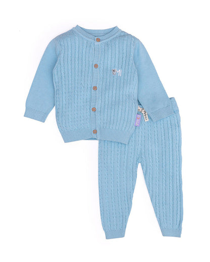 Mi Arcus Blue Cardigan & Pajama Set-Solid-Cotton-For Infants